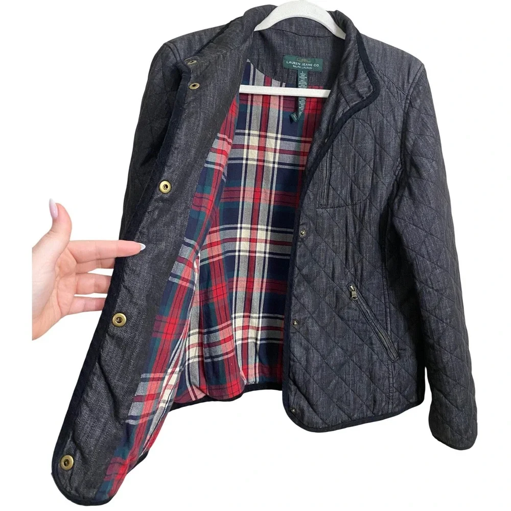 Ralph Lauren Quilted Dark Wash Flannel Lined Snap Closure Denim Jacket Sz Large - Picture 5 of 8